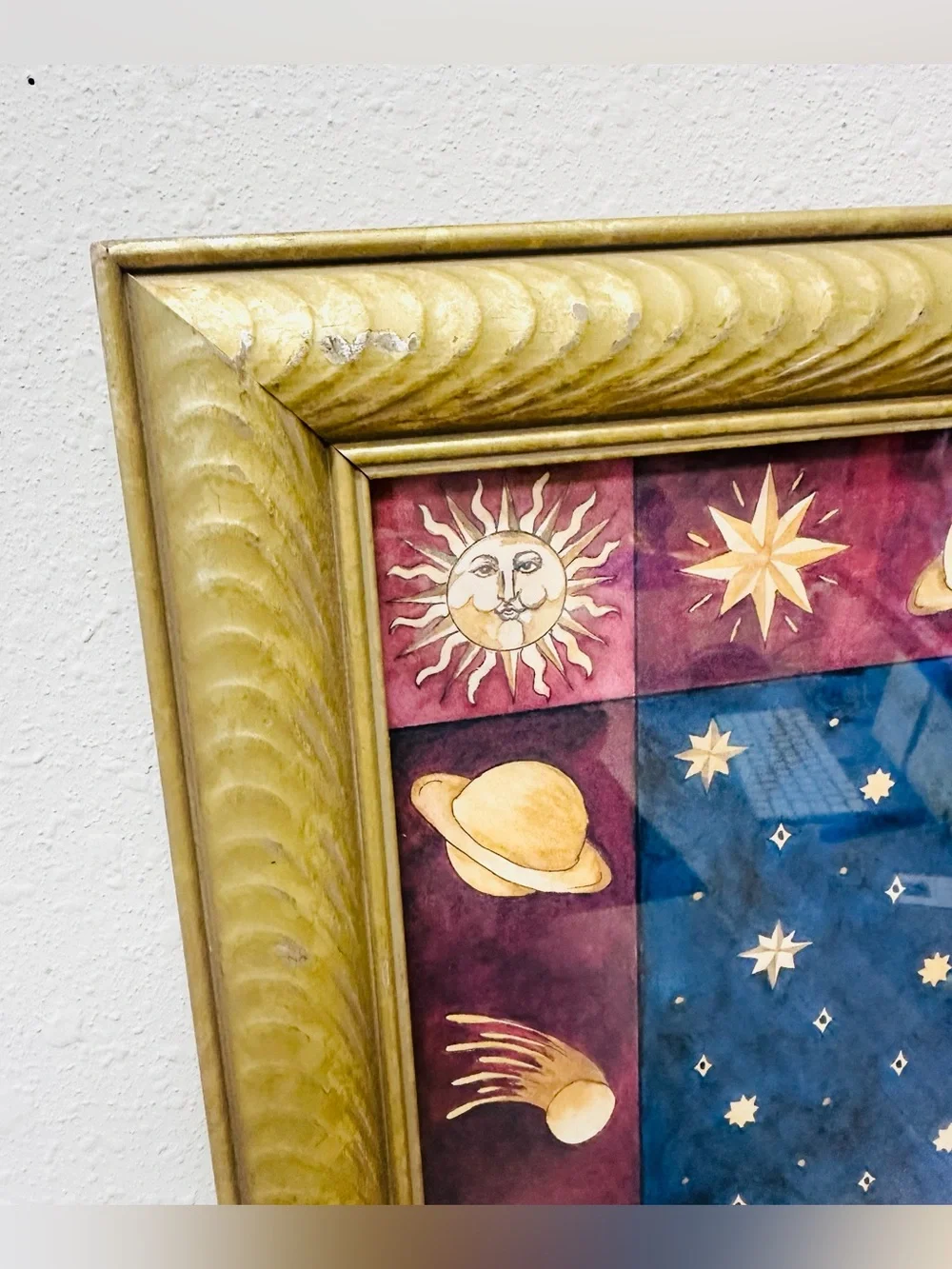 Rare Vintage 90s Mary Beth Zeitz Celestial Moon & Stars Framed Art 14.5 X 14.5